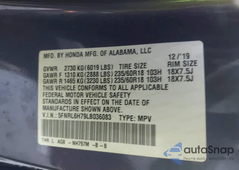 2020 Honda Odyssey Ex-L/Ex-L W/Navi Res z USA, uszkodzony, nr VIN 5FNRL6H79LB036083